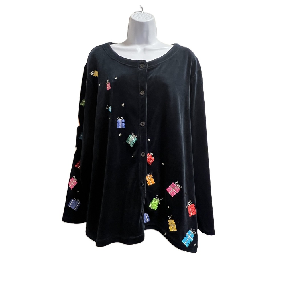 VTG Christmascore Michael Simon Black Velvet Cardigan w/Embroidered Gifts sz 0X